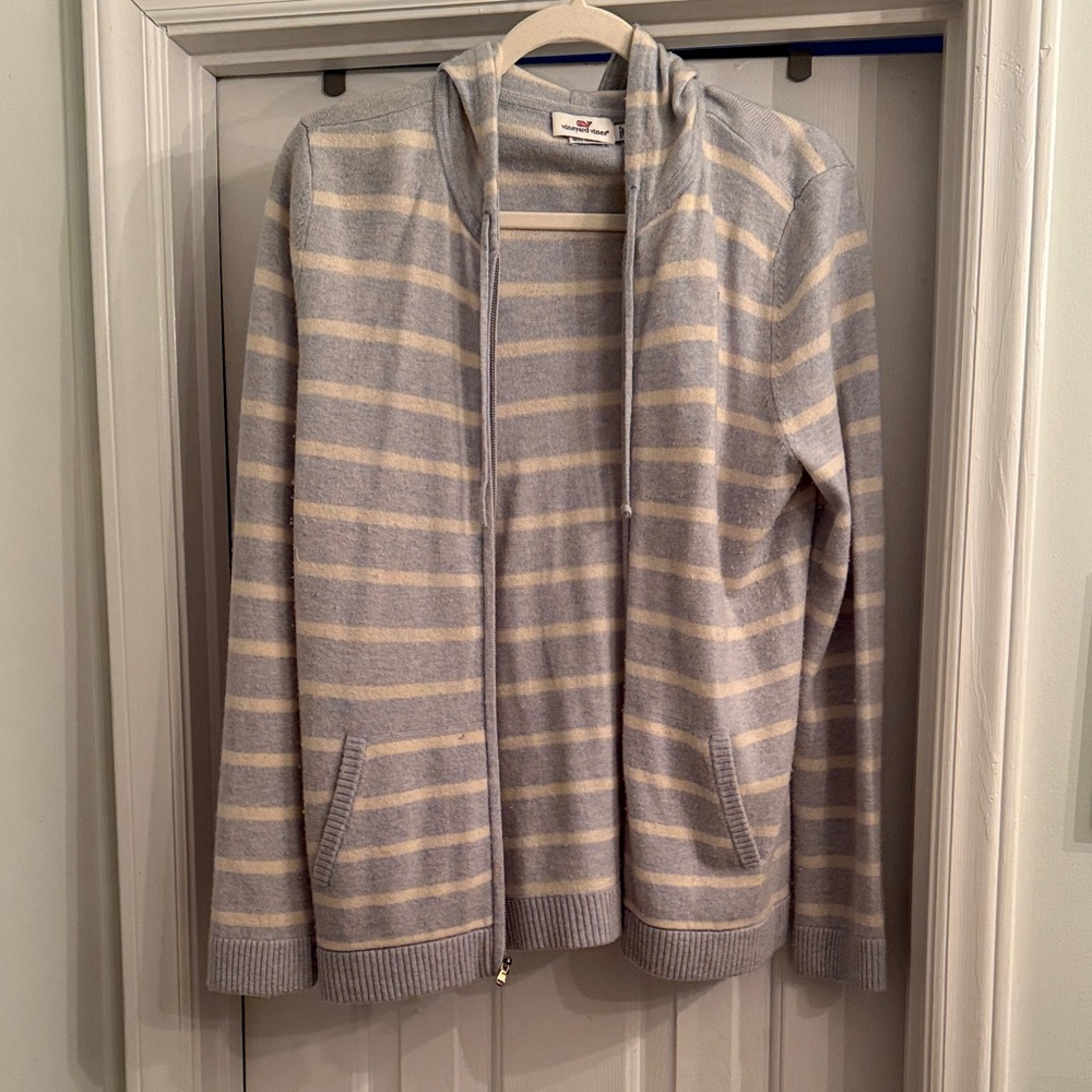 Women’s Vineyard Vines Light Blue and Cream Striped Zip-Up Sweater with Cashm